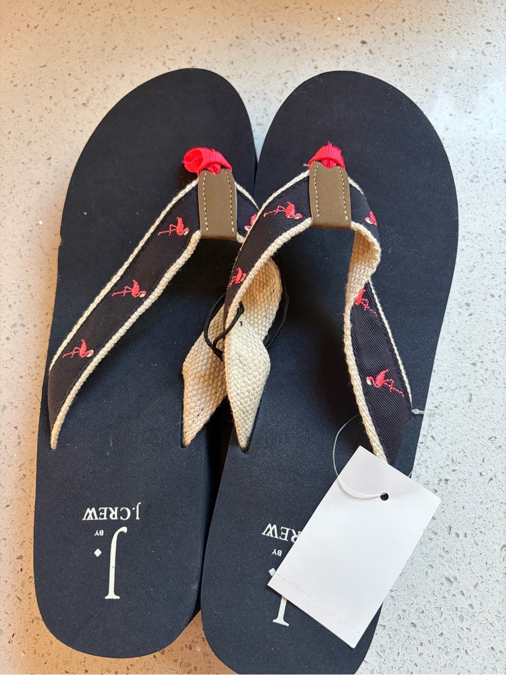 J. Crew Black Sandal Flip Flops with Pink Flamingo Detail